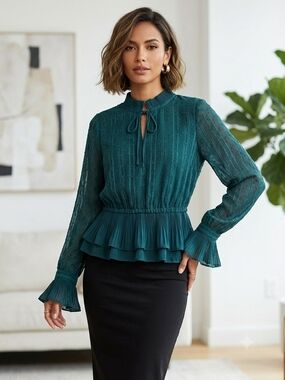 Pleated Peplum Tie-Neck Blouse in Teal